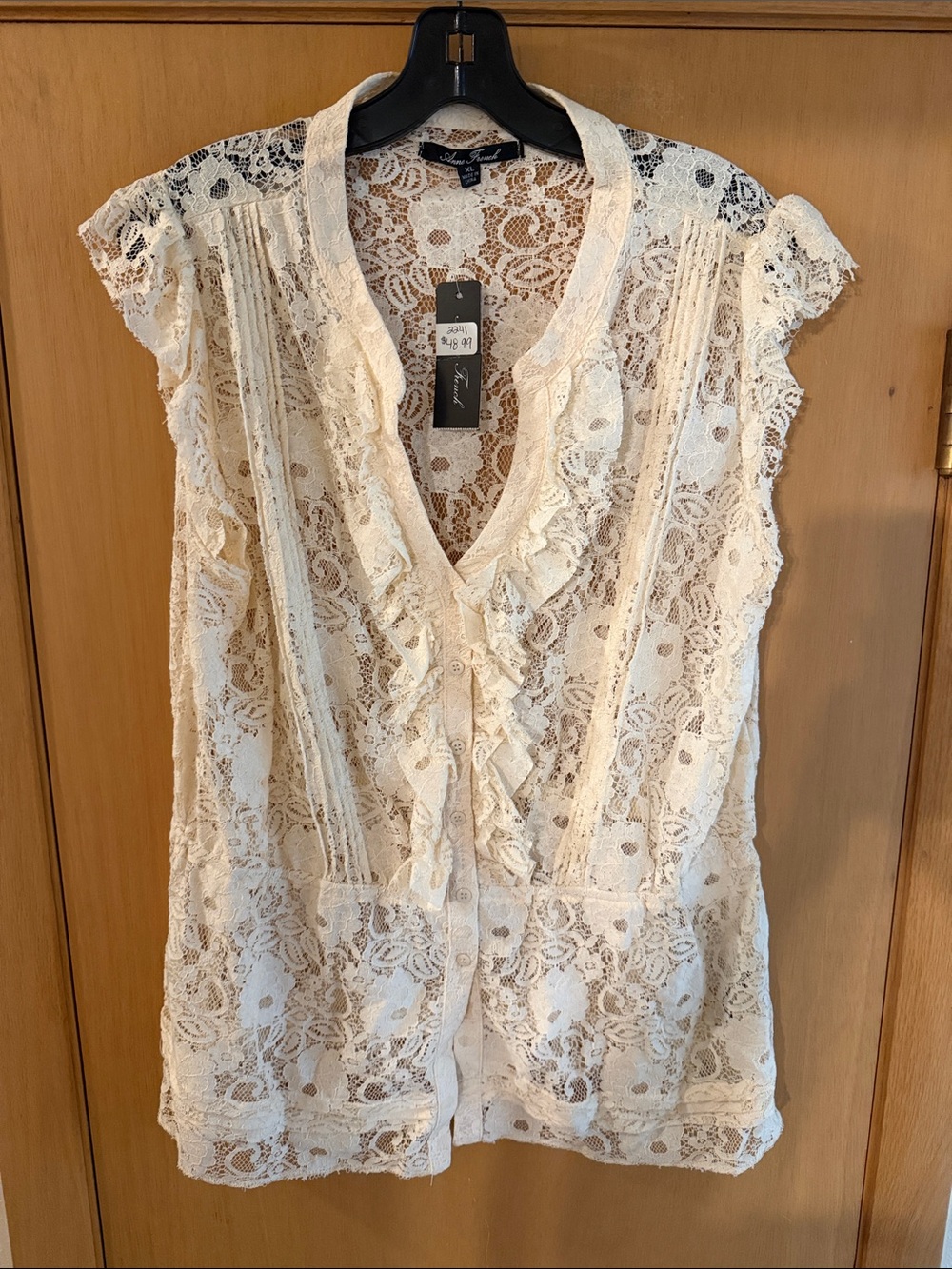 Anne French Women’s Lace Ruffle Split Neck Sheer Blouse New Cream Size XL